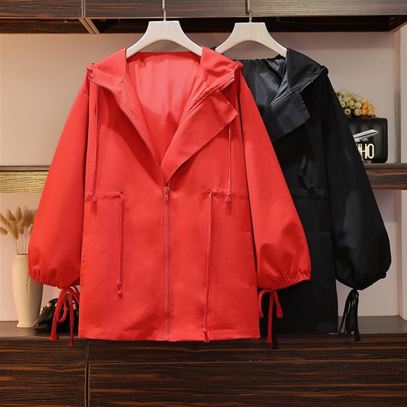 

Plus Size Women Clothes Fashion Hooded Jacket Lady Casual Loose Coat Outerwear 2021 Spring Autumn New Overcoat Black Red 3XL 4XL