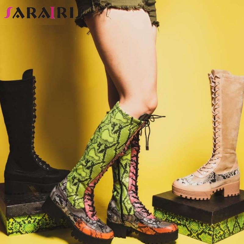 

SARAIRIS New Fashion Female Mixed Colors Boots Kee High Boots Women Round Toe Platform Chunky Heels Cross Tied Zip Shoes Woman, Khaki