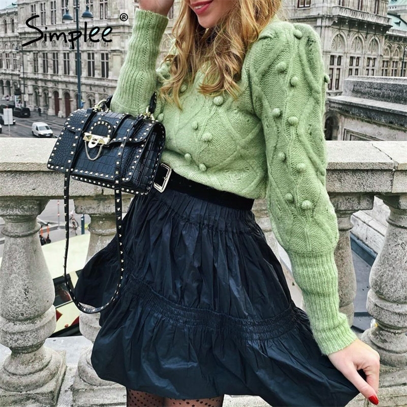 Simplee Casual turtleneck hairball women sweater Autumn winter lantern sleeve knitted sweater female Streetwear ladies pullover LJ201112