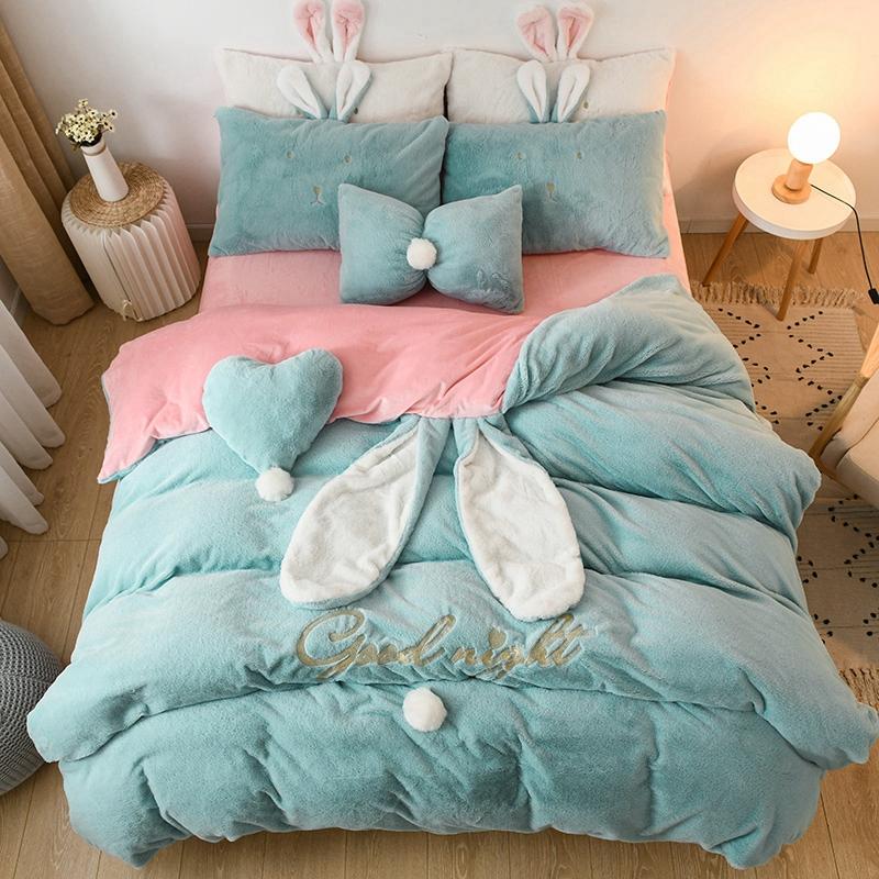 

Ear Blue Pink White Yellow Fleece Fabric Winter Girl Bedding Set Soft Velvet Duvet Cover Bed sheet/Linen Pillowcases