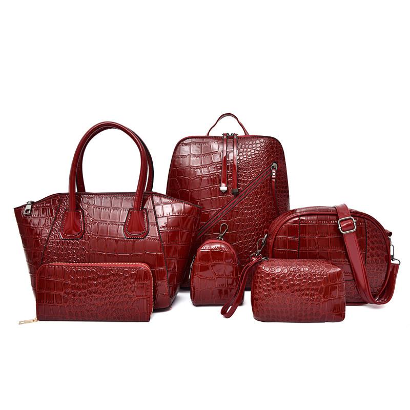 

High Quality Shoulder Handbag Messenger Bag Purse 6 Piece Set Women Elegant Luxury Crocodile Pattern Bag Set Black Crossbody, Burgundy