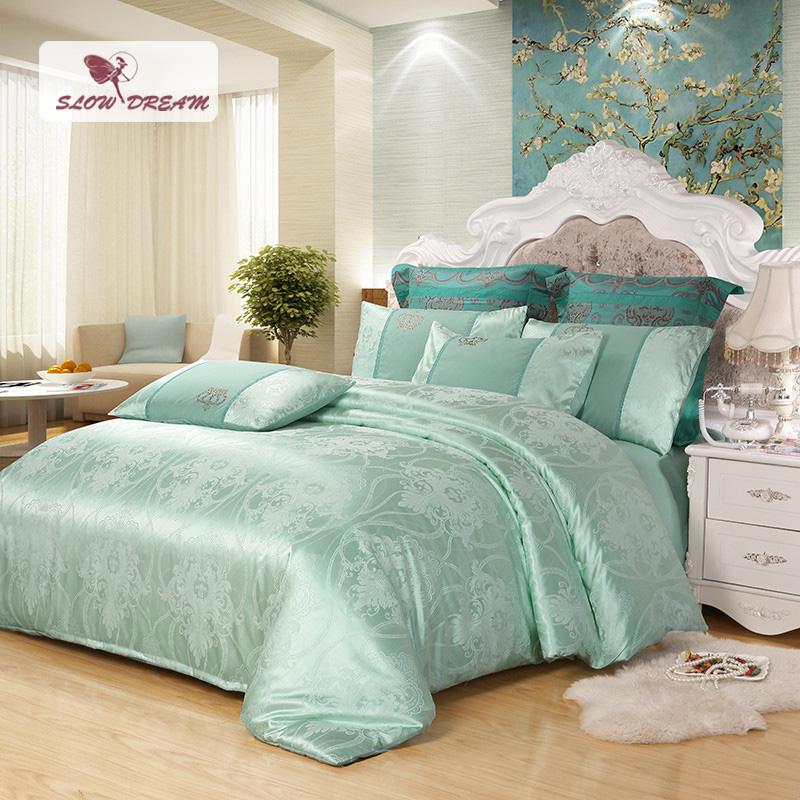 

SlowDream Luxury Green Bedding Set Tencel Bedspread Bed Linen European Style Bed Sheet Double Queen King 4PCS Duvet Cover Set, 12