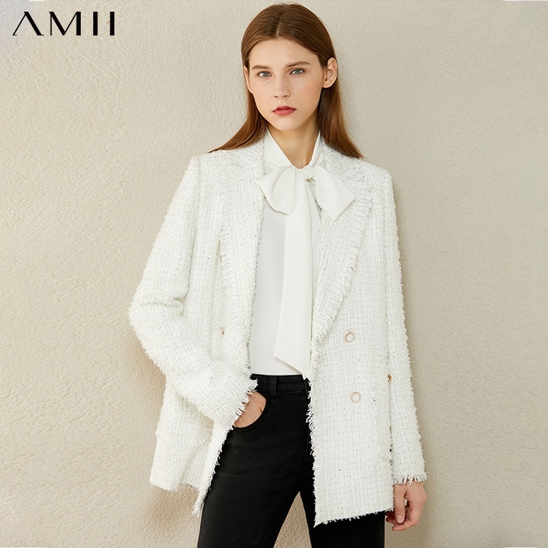 AMII Minimalism Autumn Winter Fashion Women's Jacket Temperament Plaid Lapel Double breasted Tweed jacket Women's Coat 12040450 201029