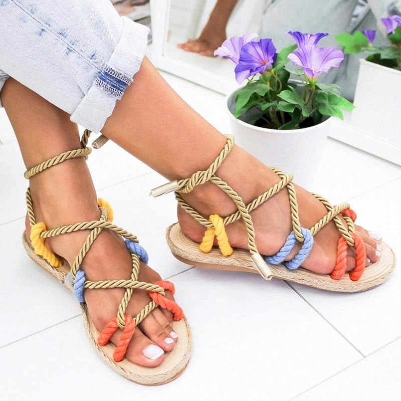 

Women Sandals 2019 Fashion Summer Shoes Woman Flat Sandals Hemp Rope Lace Up Gladiator Non-slip Beach Chaussures Femme #bn7J, Black