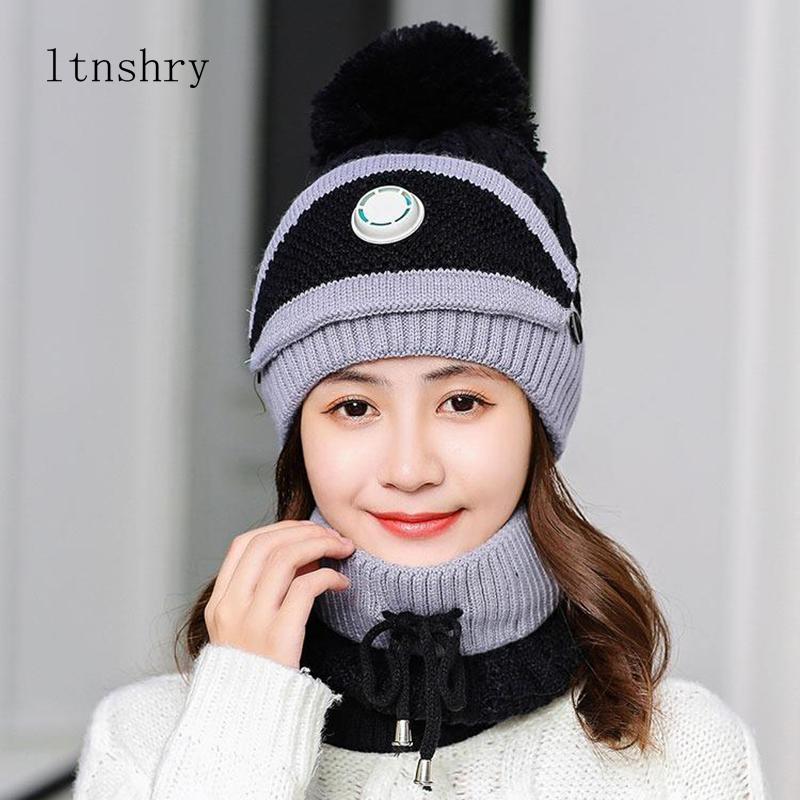 

2020 New Women Winter Beanie Set Knitted Wool Hat Mask Lady Warm Cycling Beanies Skullies Female Collar Jumper Cap