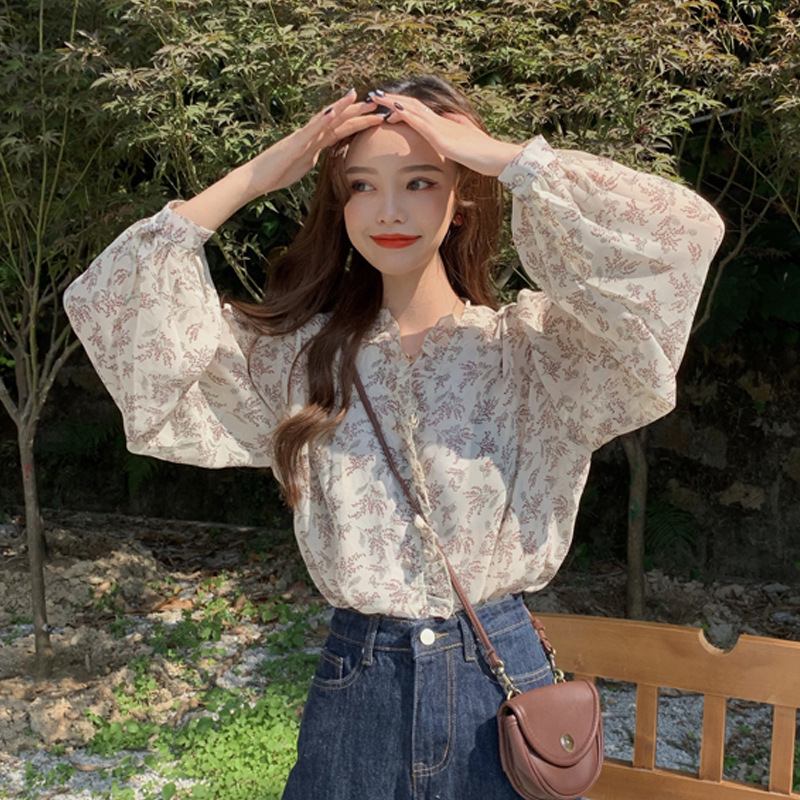 

2021 Fashion Casual Floral Print Ladies Office Tops Sweet Long Sleeve Blouse New Autumn Women Chiffon White v Neck Shirt 28y6, Beige