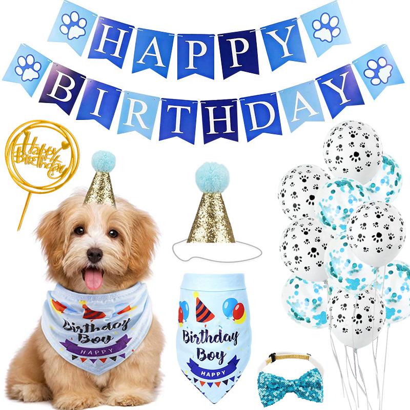 

Pet Birthday Party Dog Flag Triangle Towel Cake Hat Props decoration supplies Festival Dress up set, Blue