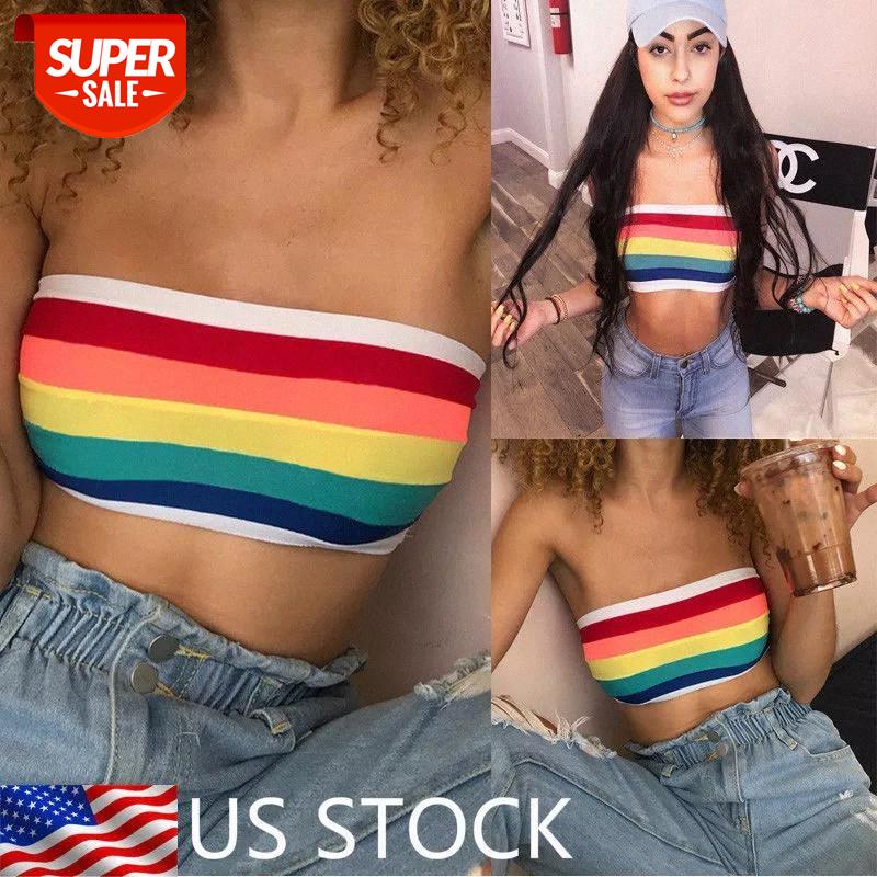 

Summer Rainbow Casual Women Off Shoulder Stretch Tube Top Strapless Bandeau Crop Top Shirt #xh1w, White
