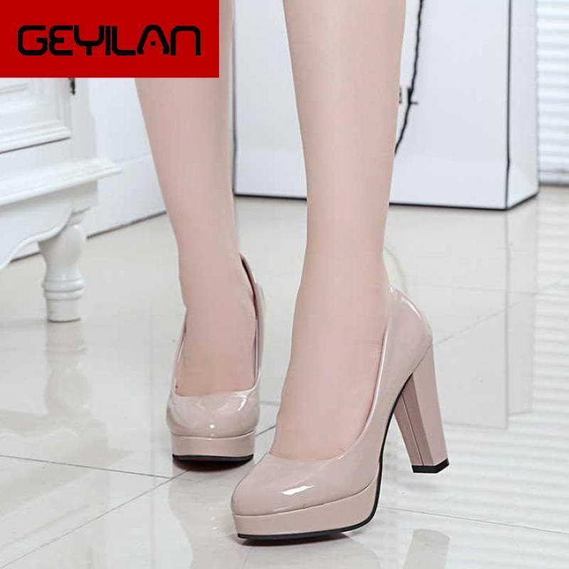 

2020 Women Pumps Fashion Classic Patent Leather High Heels Shoes Nude Sharp Head Paltform Wedding Dress Plus Size 34-421, Beige