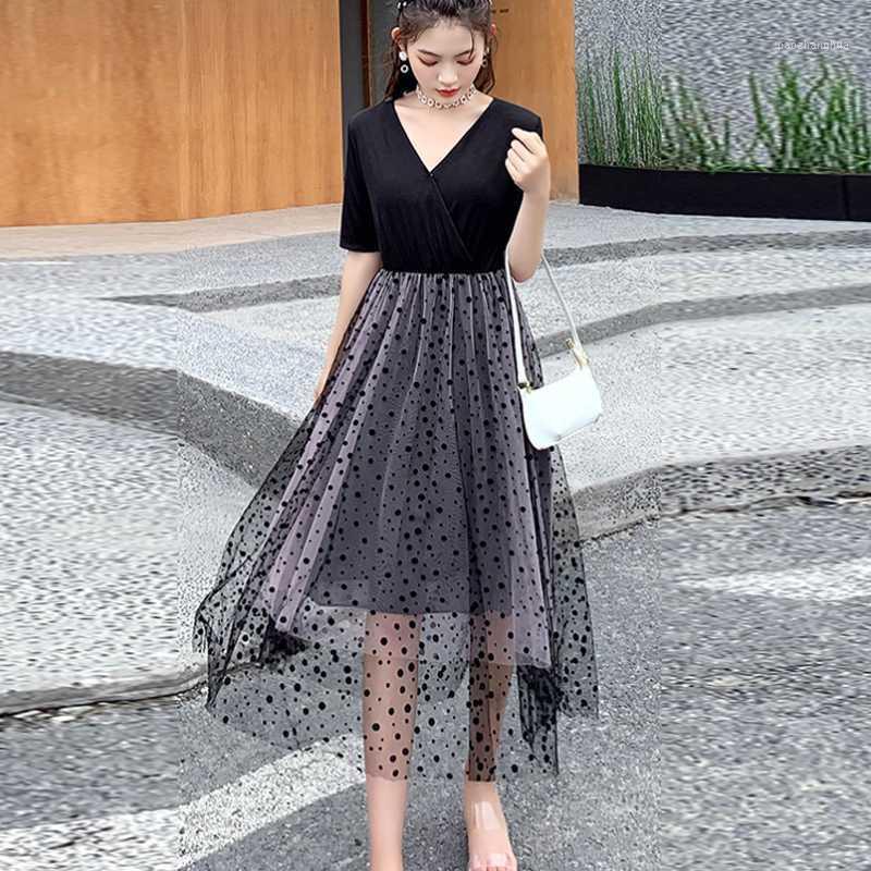 

Maternity Nursing Dress for Pregnant Women Polka Dots Mesh Patchwork Breastfeed Dresses Summer Elegant Fashion Pregnancy Clothes1, Black