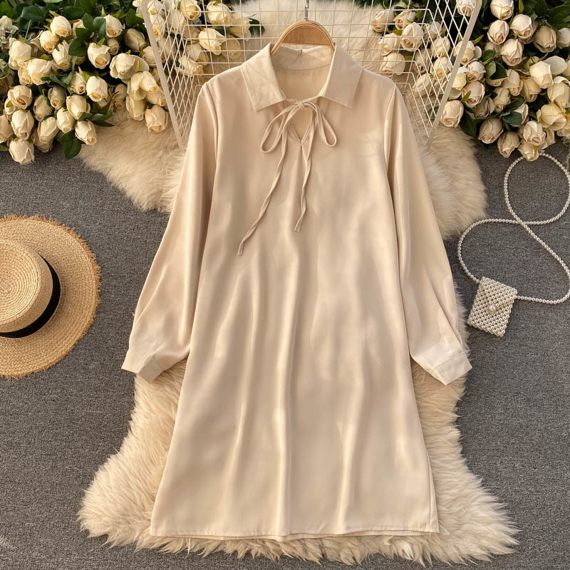 

2021 New female singiny shirts elegant neck long solid office gown autumn loose streetwear dress OCQV, Khaki.