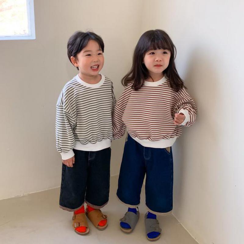 

2021 New Spring Children Sweatshirts Long Sleeve Toddlers Kids Clothes Baby Boys Girls Loose Pullovers Striped Tops 5adm, 2021c49green