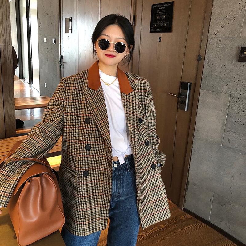 

EWQ]2020 Winter Female Turn-down Collar Double Breasted Long-sleeved Minimalist Patchwork Panelled Plaid Woolen Suit Coat 8D670, Plaid added cotton