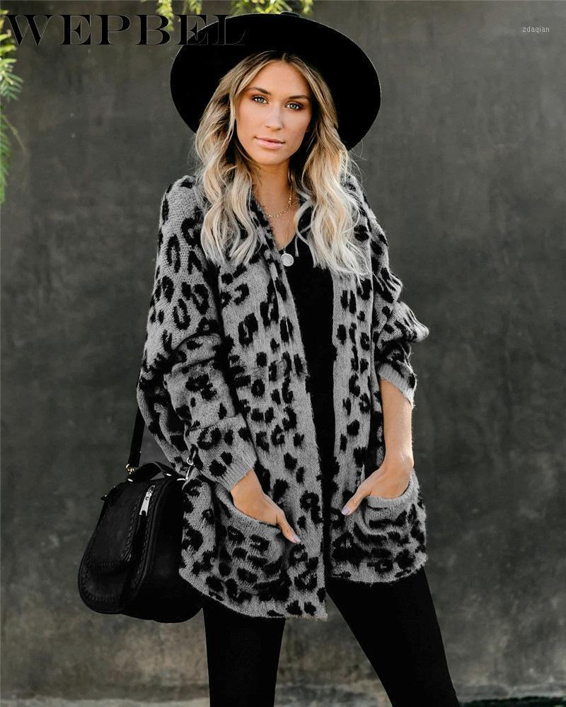 

WEPBEL Autumn and Winter Leopard Printed Sweater Women' Casual Long Sleeve Cardigan Pocket V-neck Loose Knitted Sweater1, Gray