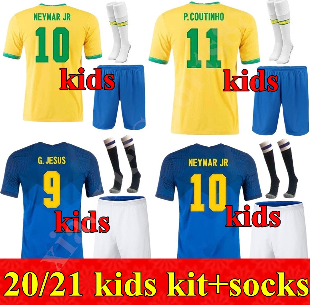 

kids kit 20 21 national team Brazis soccer jersey NEYMAR JR G.JESUS 2020 2021 COUTINHO FIRMINO MARCELO Brasil youth Football jerseys Shirt, Home+socks