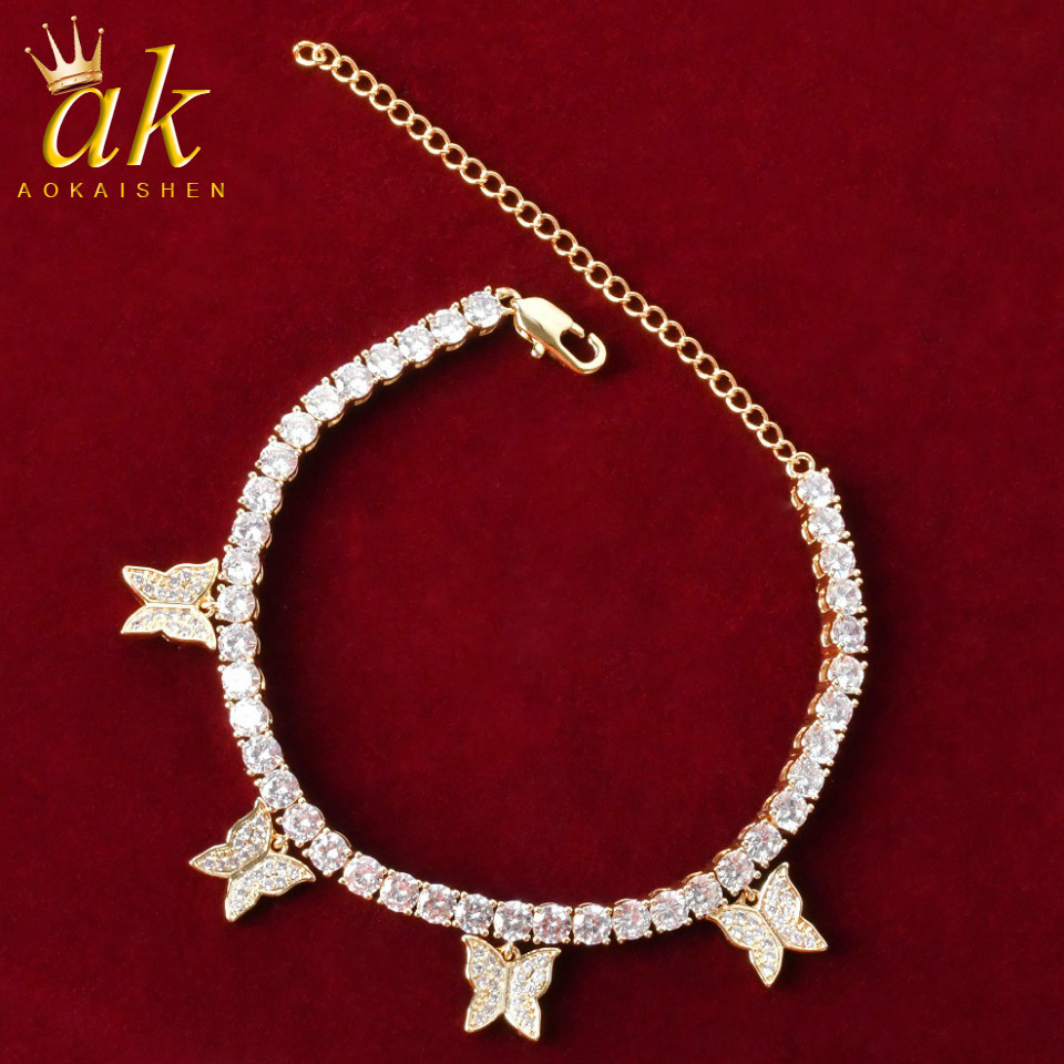 

4MM Hip Hop Jewelry Bracelet for Women With Butterfly Gold Color Copper Cubic Zircon Rock Street Tennis Chain, Golden;silver