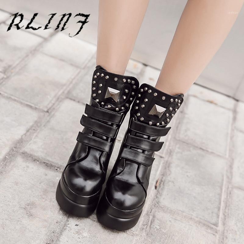 

RLINF European and American Styles Increase Thick-soled Sponge Cake Rivets Magic Stickers Female Short Boots1, Black