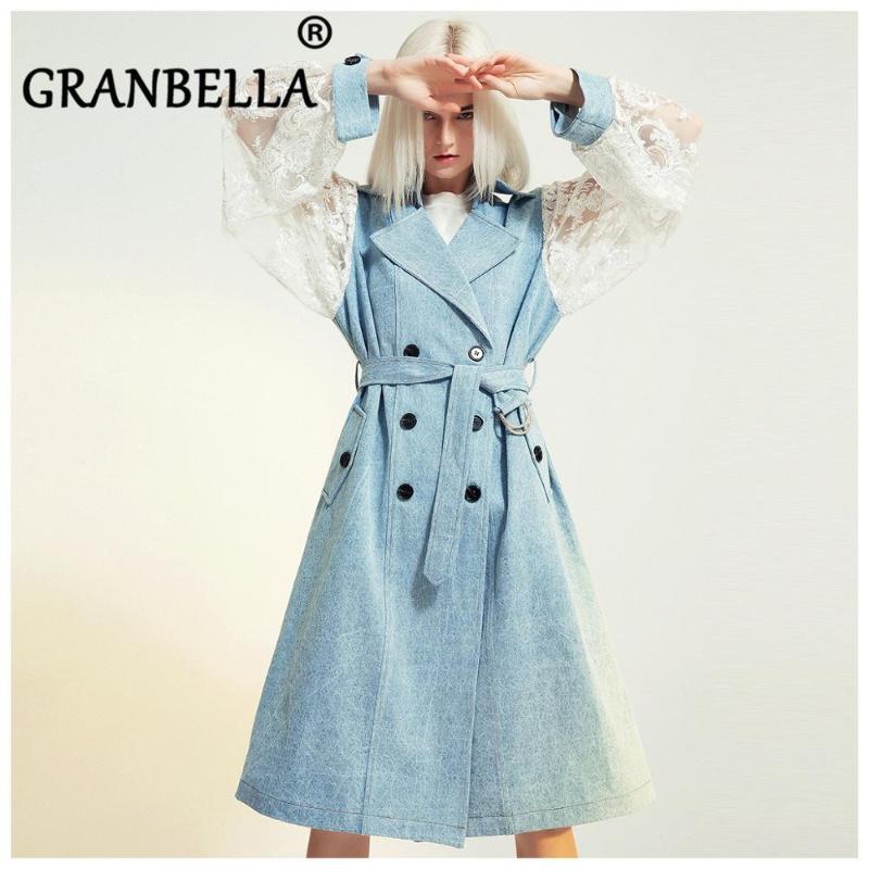 

2020 Autumn Elegant Lace Sleeve Patchwork Denim Windbreak Vintage Double Breasted Trench Coat Fashion Women' Coat With Belt, Blue