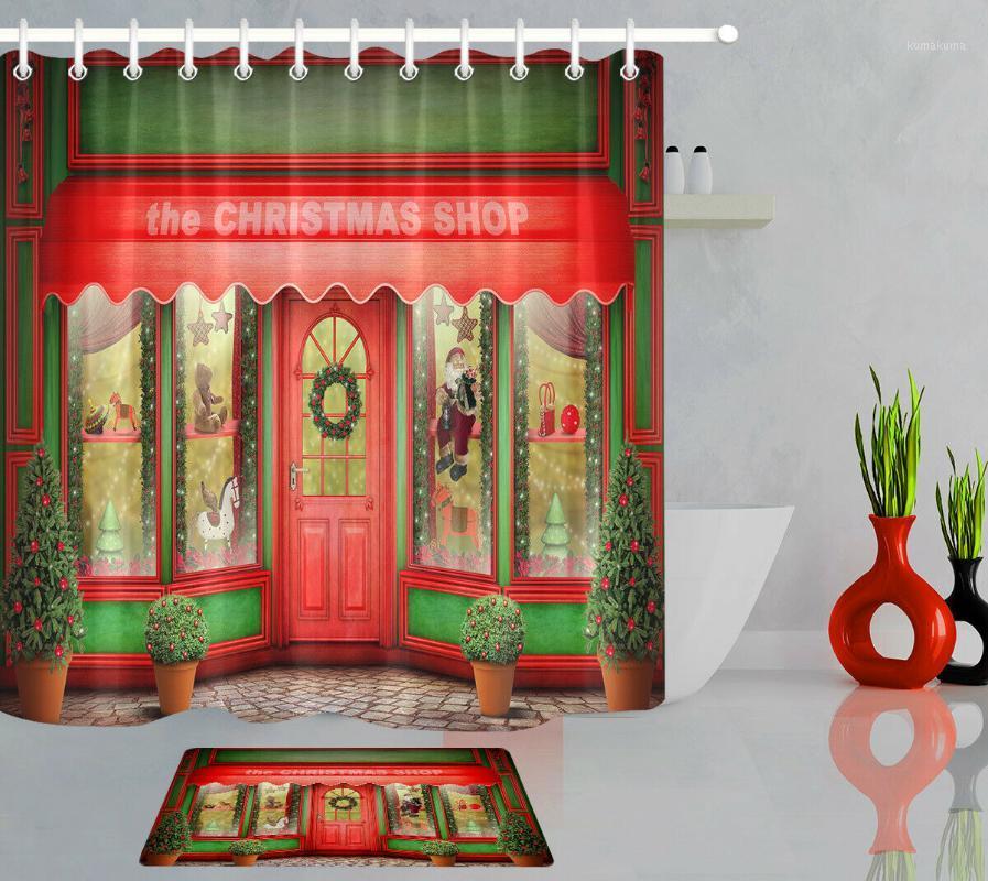

Christmas Shop Xmas Tree Wreath Fabric Shower Curtain Set Bathroom Decor Hooks1