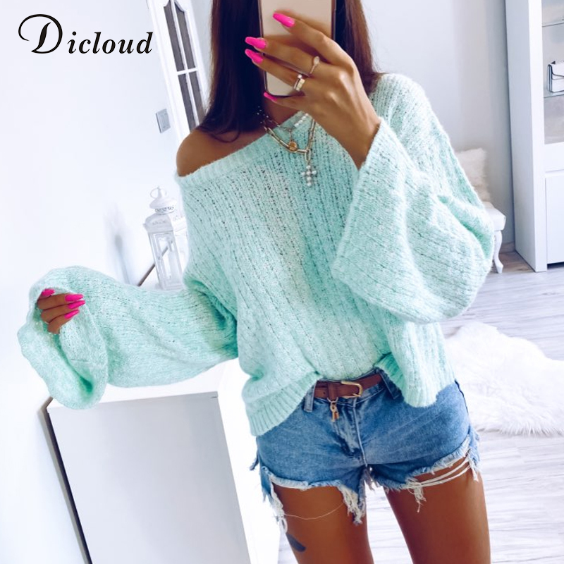 

DICLOUD Women Knitted Sweater Warm Pullovers Winter Blue Long Flare Sleeve Ribbed Knitwear Casual Oversized Jumers Fashion 201130, Mint
