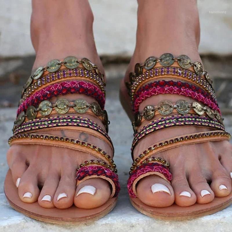 

Bohemian Ethnic Style Shoe Female Flat Open Toe Sandals Flip Flops Beach Slipper Beaded Boho Sandalias Mujer Colorful Beach Flat1, As pic