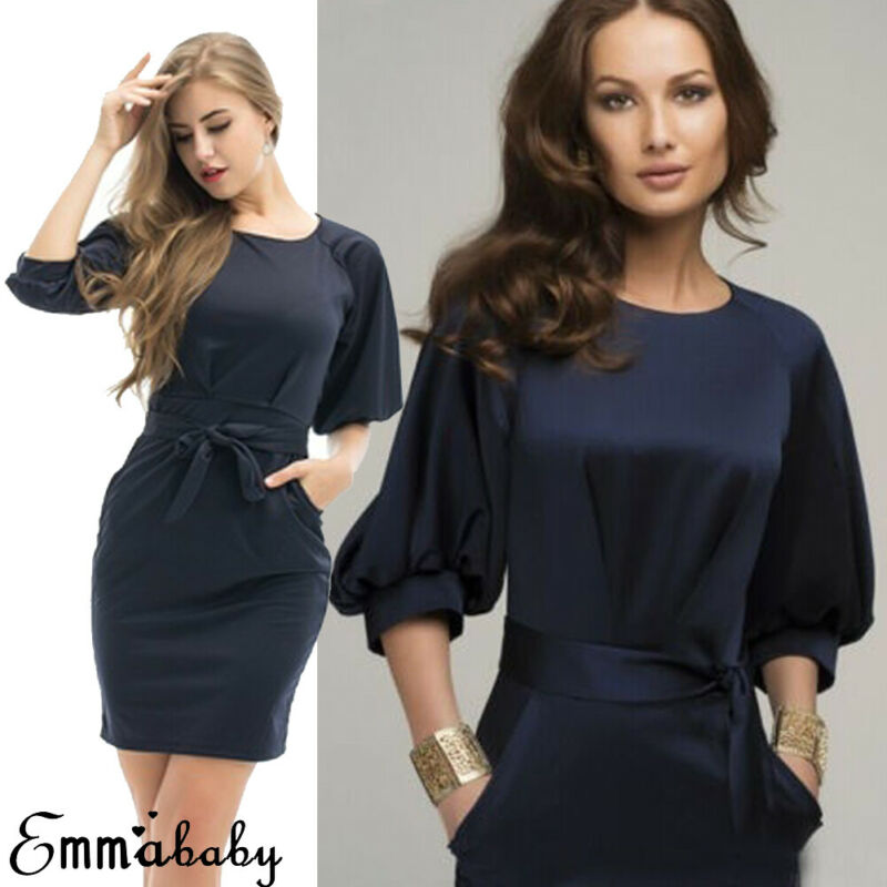 

Ladies Dress Elegant Women Bandage Half Sleeve Solid Dresses Sexy Dress Navy Blue