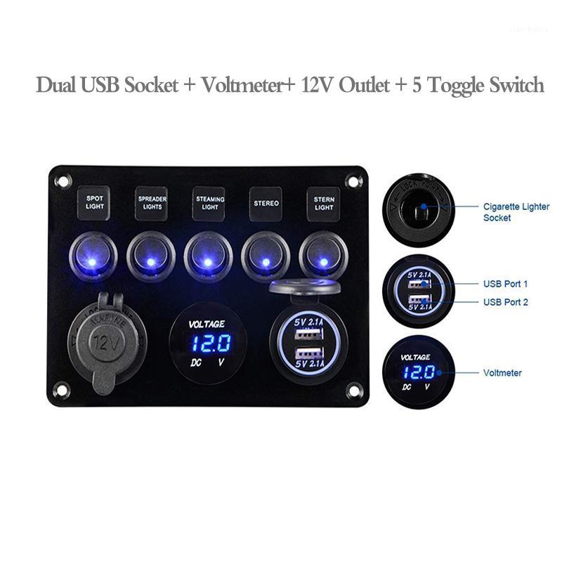 

5 Gang LED Boat Rocker Switch Panel for Car Camper 4.2 A Dual USB Power Socket Voltmeter 12V Cigarette Lighter Socket Fuse1