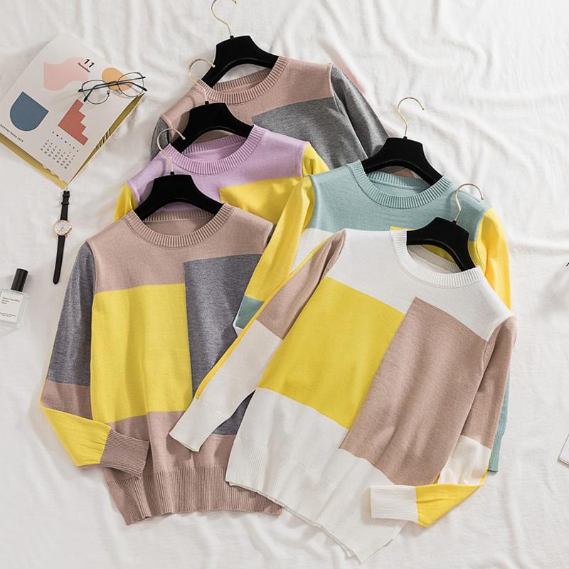 

Shintimes 2020 Autumn Winter Casual Color Matching Womens Sweater Korean Fashion Loose Sweater Female Knitted Tops Long Sleeve, Green