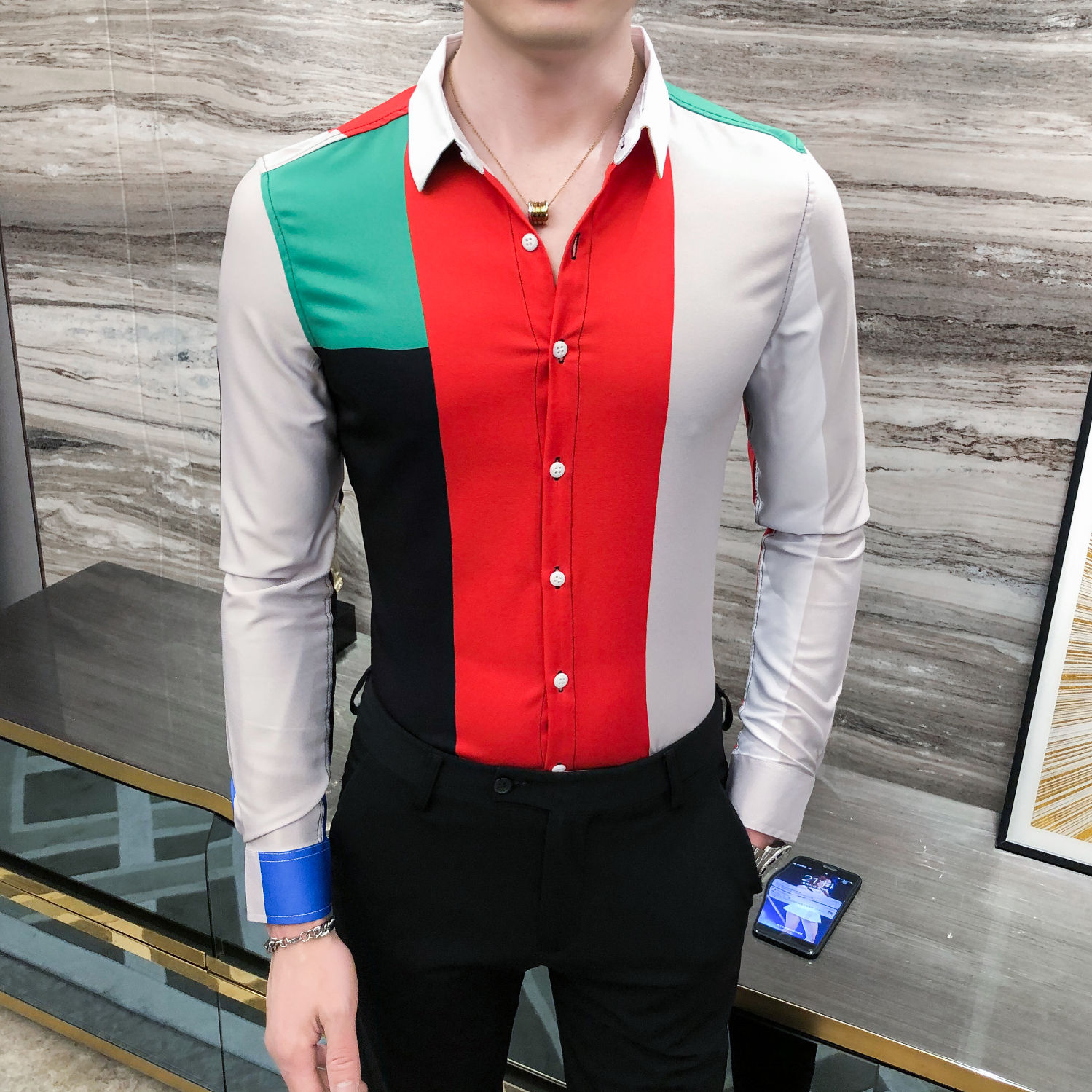 

2020 Shirt Male Sleeve with Long Masculine Splicing Hombre Marks Skinny Casual Fit Student Harajuku Streetwear Social Blouse M85v, Purple