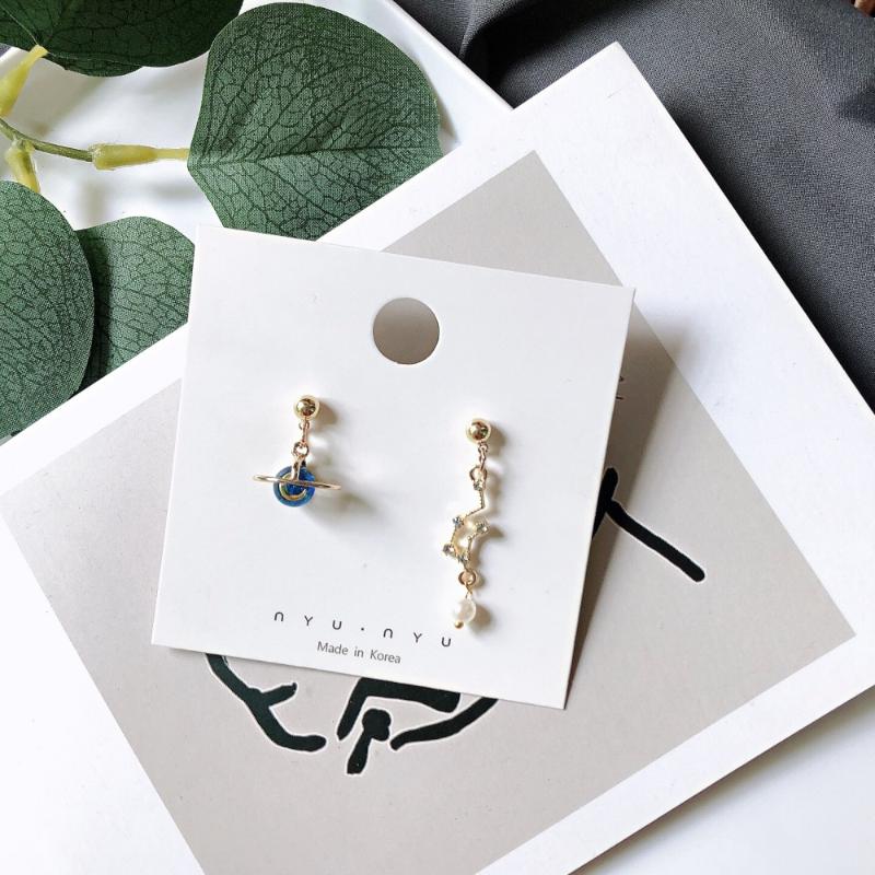 

SQUERIM S925 Astronaut Crystal Blue Universe Star Earrings Asymmetric Universe Planet Drop Earrings for Women Girl Gift