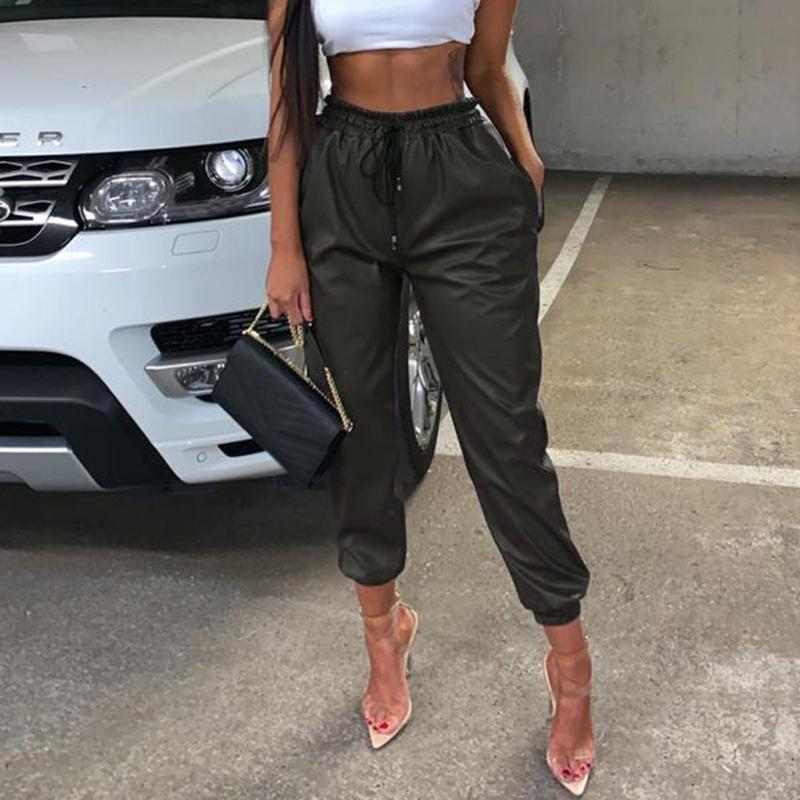 

High waist pants Leather loose joggers women harem camo pants streetwear punk black cargo women capris trousers New, Green