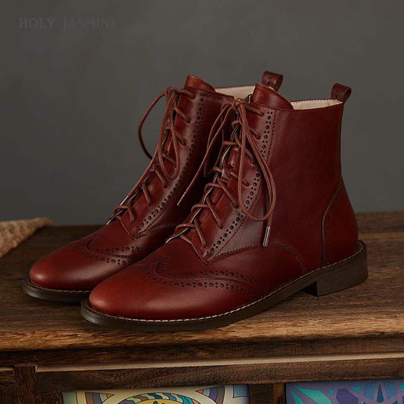 

HOT Genuine Leather Women Boots Brogue Carved Ankle Boots Low Heels Ladies Booties Winter Ladies Shoes, Red wine
