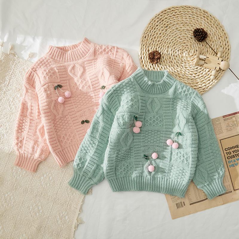 

Winter Children Kids Long Sleeve O Neck Cherry Knitwear Princess Girls Sweaters Knitted Pullovers Outerwear, Green