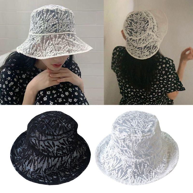 

Women Summer Thin Bucket Hat Embroidery Flower Leaves Sheer Lace Wide Brim Sunscreen Foldable Leisure Fisherman Cap, Black