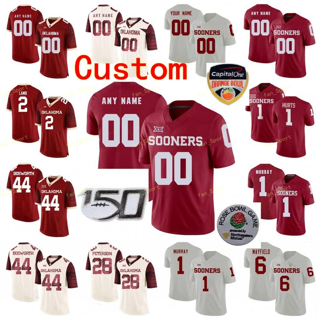 

Custom Oklahoma Sooners College Football Jerseys 1 Jalen Hurts 1 Kyler Murray 10 Theo Wease Jr. 11 Jadon Haselwood Men Red White Stitched, Black