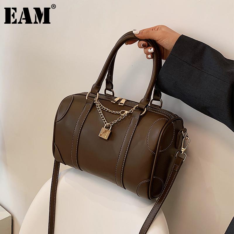 

[EAM] Women New Large Capacity Boston PU Leather Flap Personality All-match Handbag Crossbody Shoulder Bag Fashion 2021 18A1370, Black