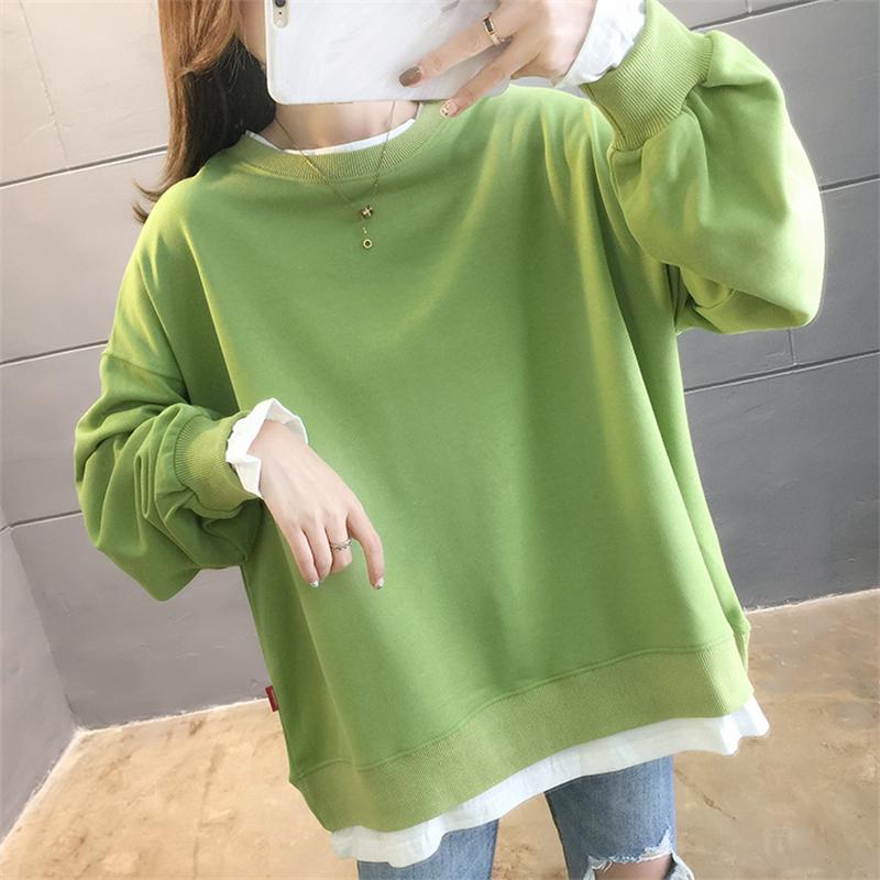 

Women's Hoodies & Sweatshirts Women Simple Fake Two Solid O-Neck Clothes Loose Korean Style Casual Ladies Lovely Sweatshirt Clothing Kawaii, Black