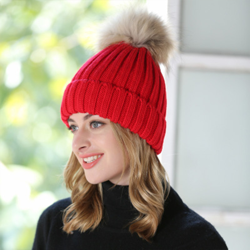 

Girl 's Hat Knitted Beanies Mink And Fur Ball Cap Pom Poms Winter Hat For Women Cap Brand New Thick Female Fur