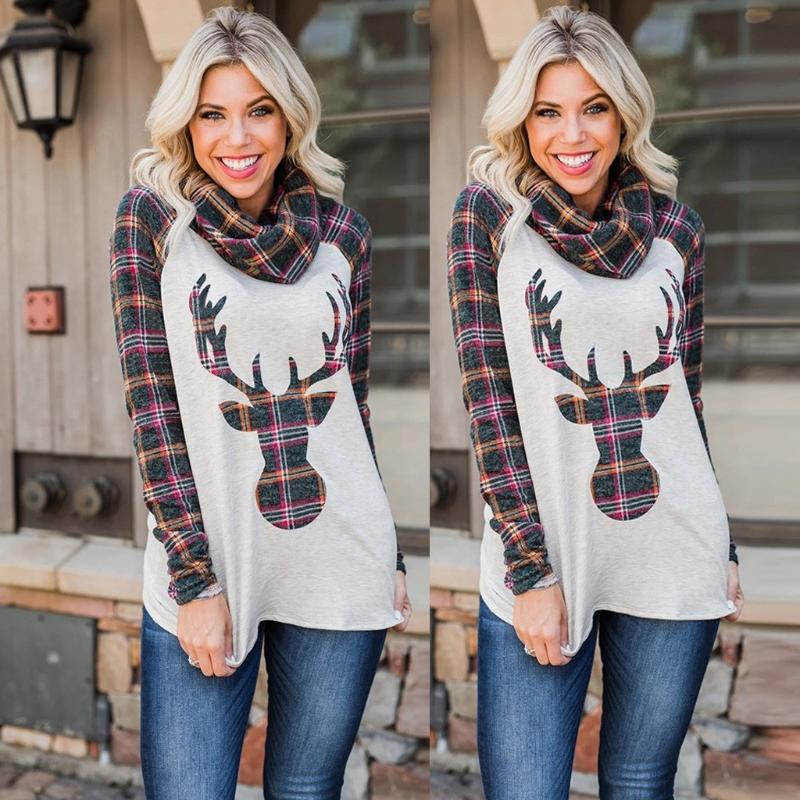 

#r40 Double-layer Shirt Christmas Blouse Women Elk Plaid Print Shirts Xmas Pullover Tops O Neck Long Sleeve Tops Casual Blouses, Gray