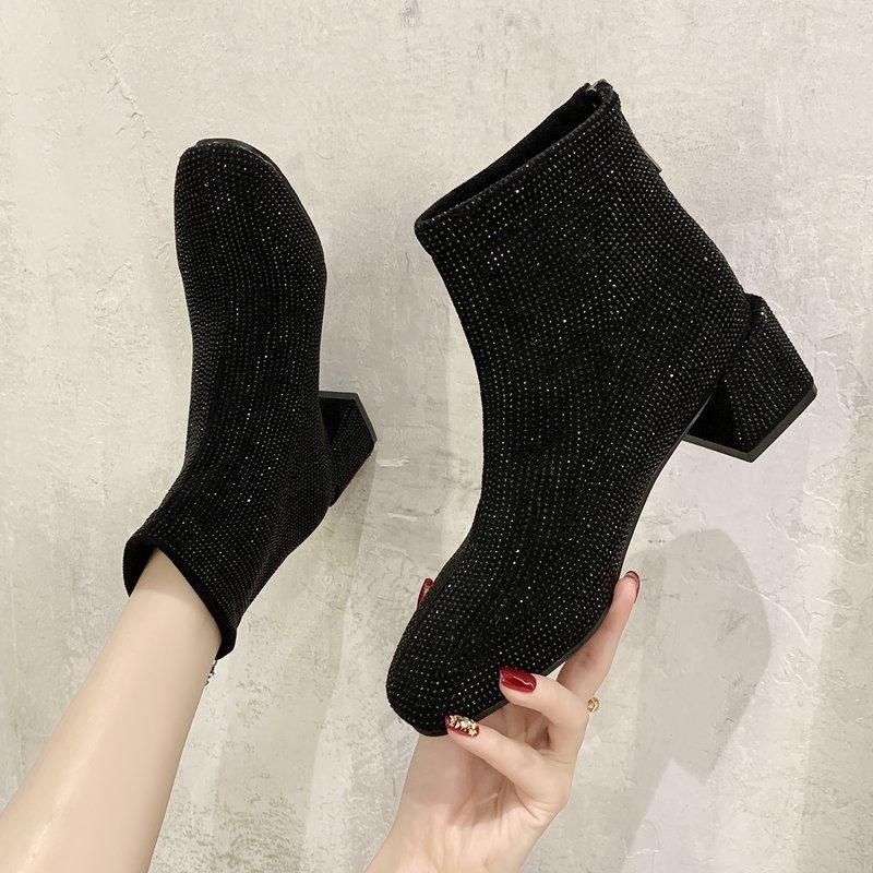 

Shoes Woman Flat Boots Crystal Boots-Women Round Toe Luxury Designer Low Rhinestone Rock 2020 High Heel Ladies Mid Calf1