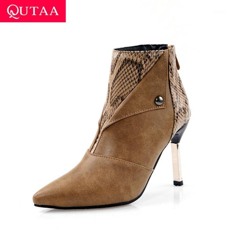 

QUTAA 2020 PU Leather Fashion Mixed Color Snakeskin Women Shoes Sexy Pointed Toe Thin High Heel Zipper Ankle Boots Size 34-431, Black