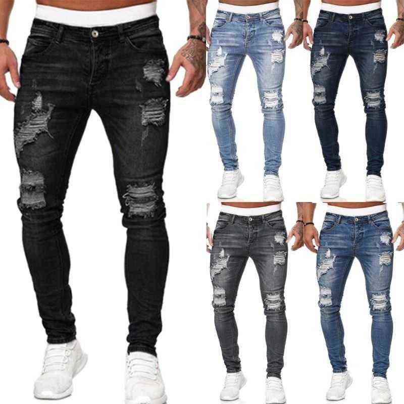 

2022 Jeans Men Ripped Skinny Hole Trousers Stretch Slim Denim Pants Large Size Hip Hop Black Blue Casual Jogging Jeans for Men AA220312