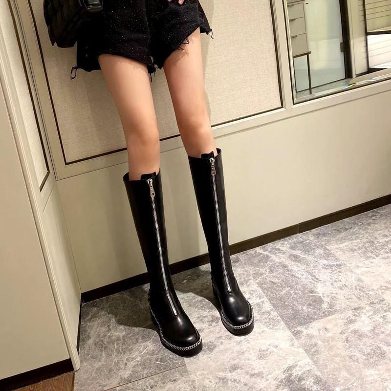 

Thigh High Boots Flat Front Zipper Chain Side Black Genuine Leather Round Toe Womens Designer Shoes 2020 Brand Zapatos De Mujer, As picture