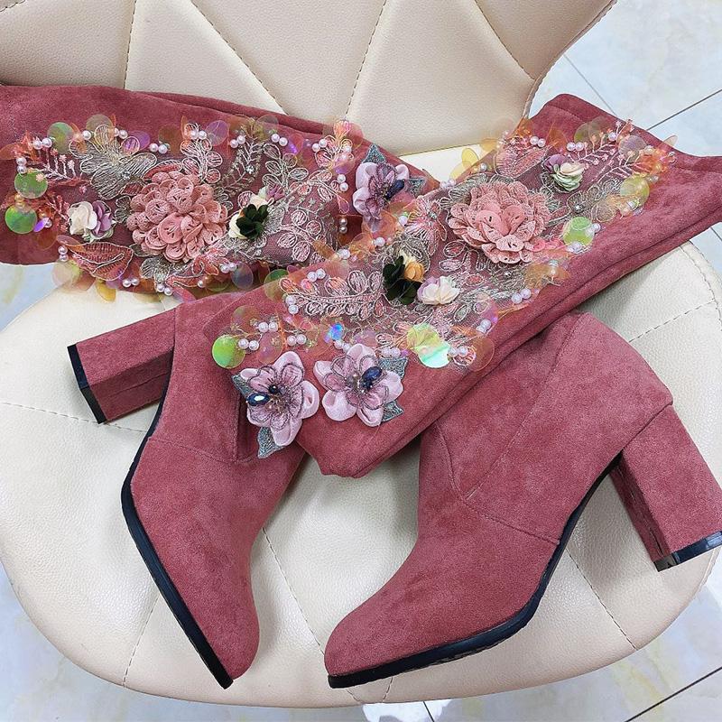 

Women's Leather Knee High Boots Plush Lining Rhinestones Sequins High Heels Pointed Toe Shoes B291, 01