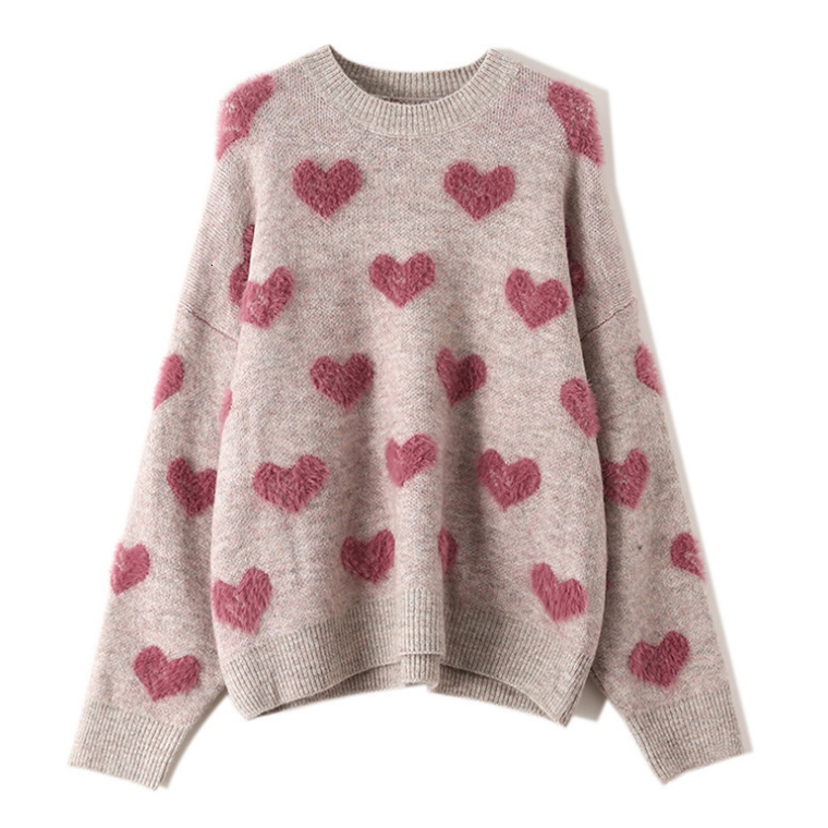 

2021 New Heart Pattern Knit Pullover Women Jumper Autumn Winter Korean Cute Fluffy Sweater Female Casual Cozy Au6d, Pink