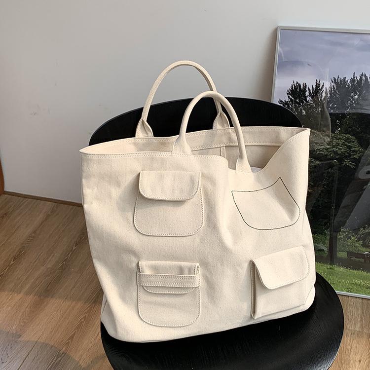 

Evening Bags Korean Large Capacity Casual Canvas Tote For Women 2022 Solid Multi Pockets Shoulder Simple Designer Shopping Handbags, Beige