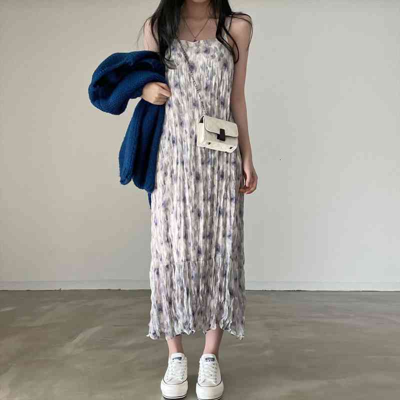 

dresses women summer ink floral pleated sleeveless straight vintage temperament ankle-length cozy all-match korean stylish, Black;gray