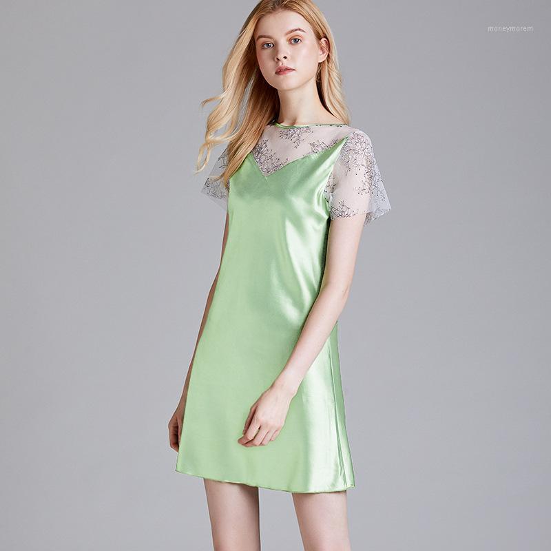 

Summer Women Nightgowns Sleepshirts Nightshirts Silk Sleepwear Satin Sexy Short Sleeve Lace Nightdress Embroidery Nightwear1, Light green