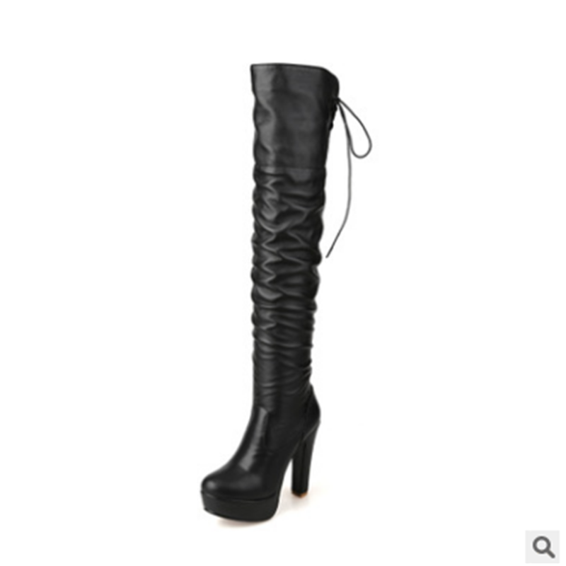 

Super high heel round head platform thick heel big knee high boots trend, Black