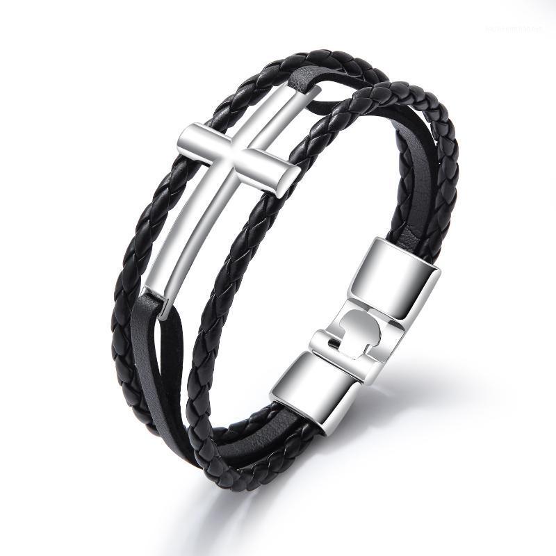 

Charm Bracelets Retro Cross Leather Bracelet For Men Boy Multi-Layer Hand-Made Bangle Black Brown White Color Christian Religious Male Jewel